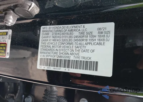 2021 Honda Ridgeline Rtl-E z USA, uszkodzony, nr VIN 5FPYK3F72MB022082